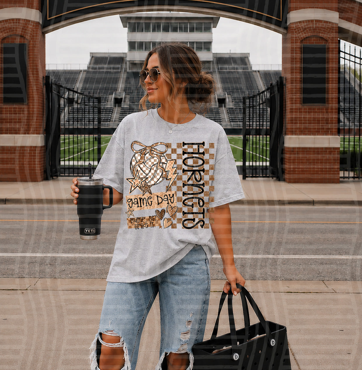 GLITTER GAME DAY CHECKS VOLLEYBALL MASCOTS TEE